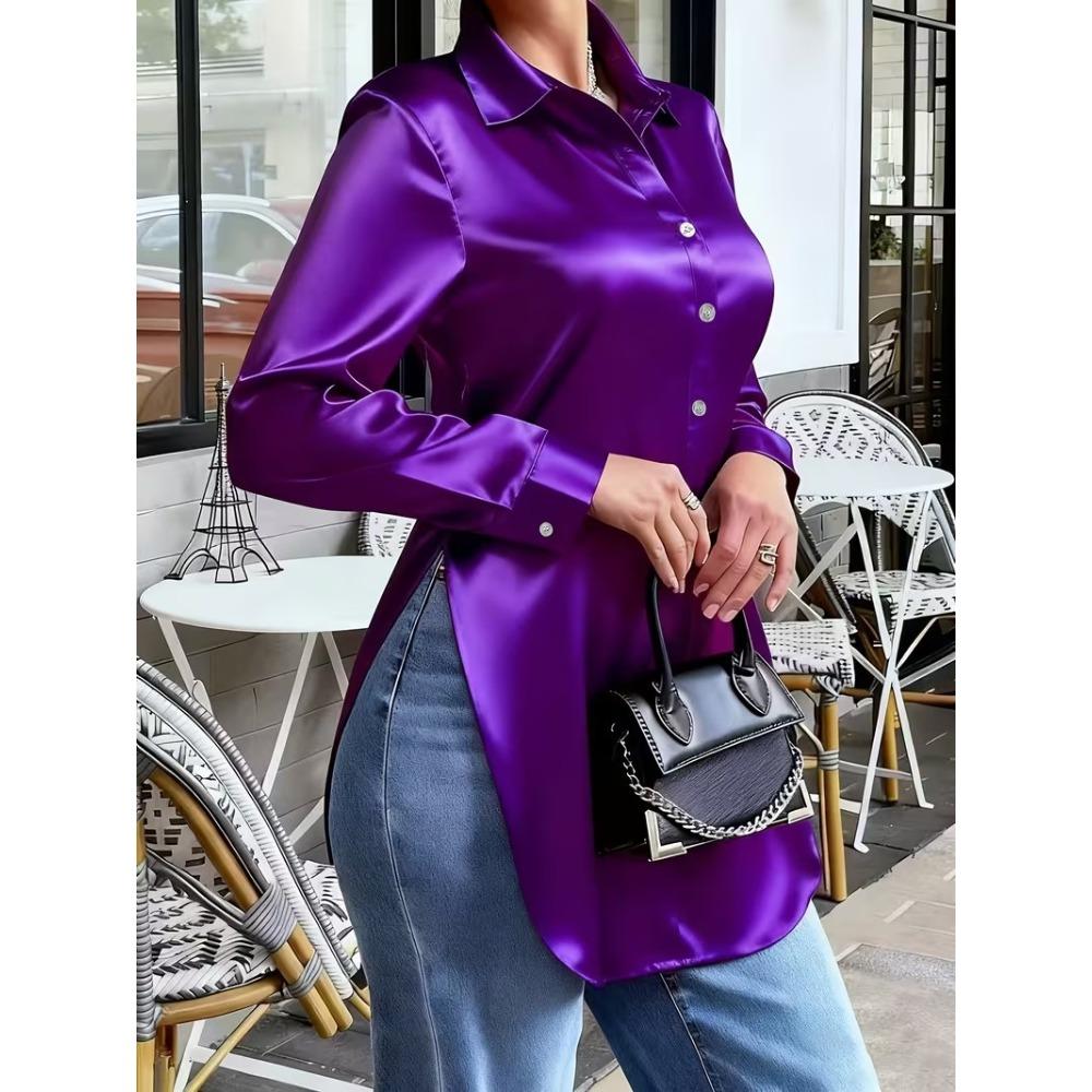 Fitted, Slimming, Long-sleeved Satin Shirt with An Asymmetrical Hem for Women