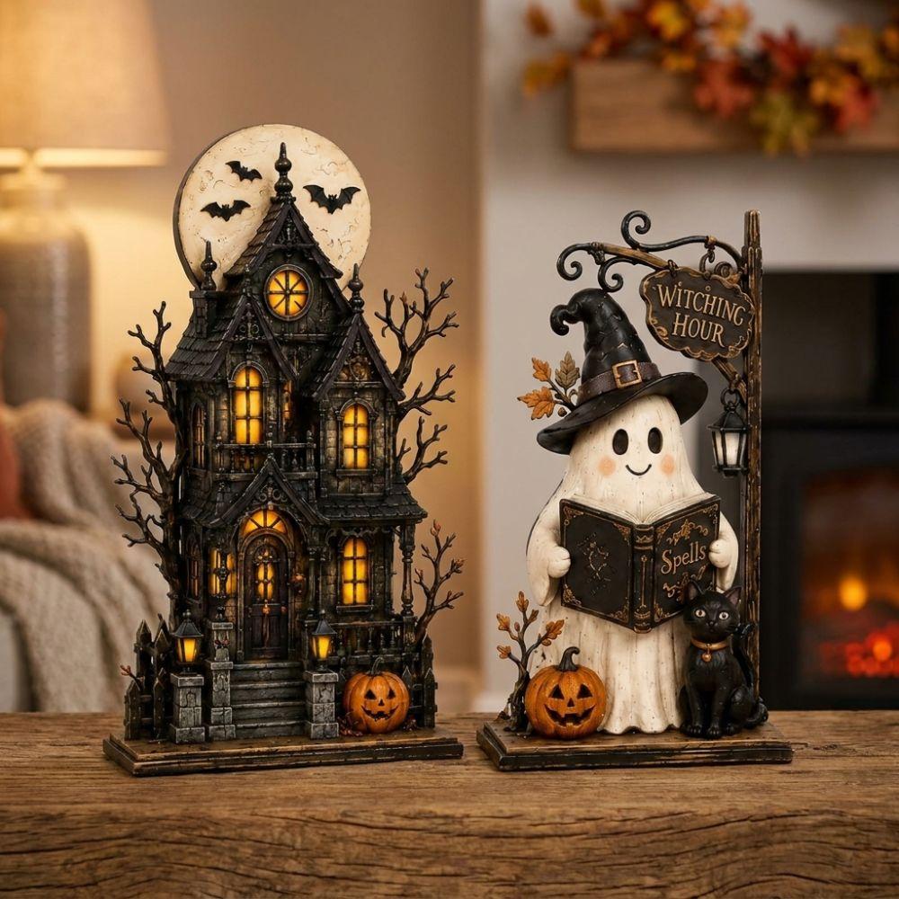 Vintage Wood Haunted House Statue 2D Flat Stacked Pumpkin Cart Ornament Mantel Decor