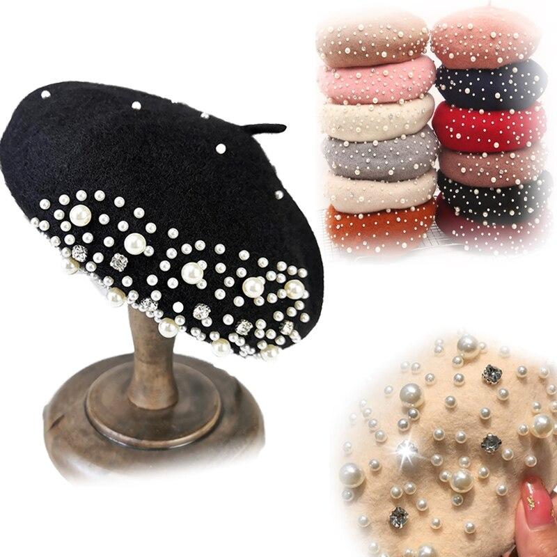 Женский берет с жемчугом, кашемировая зимняя ретро французская зимняя черная, красная французская кепка на плоской подошве, модная однотонная женская винтажная кепка