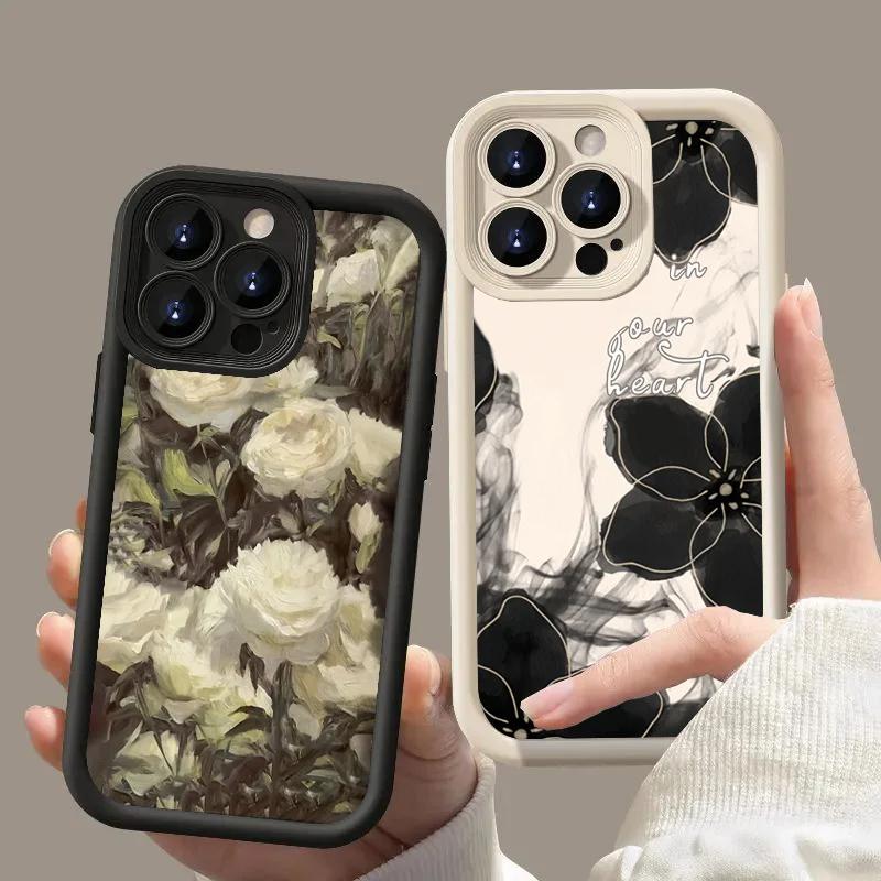Для iPhone 17 16pro 15pro14 13 12 11 12pro 13pro max 14plus Силиконовый Защитный от падений Черный Цветок Роза Чехол