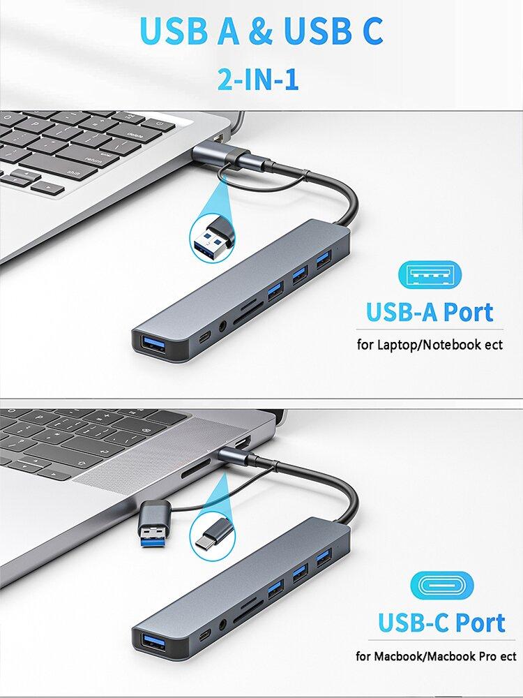 8in1 USB C Hub 4 USB Ports 1 USB-C Jack TF/SD Card Reader 3.5mm Audio Output for MacBook pro iPad pro 15 Laptop