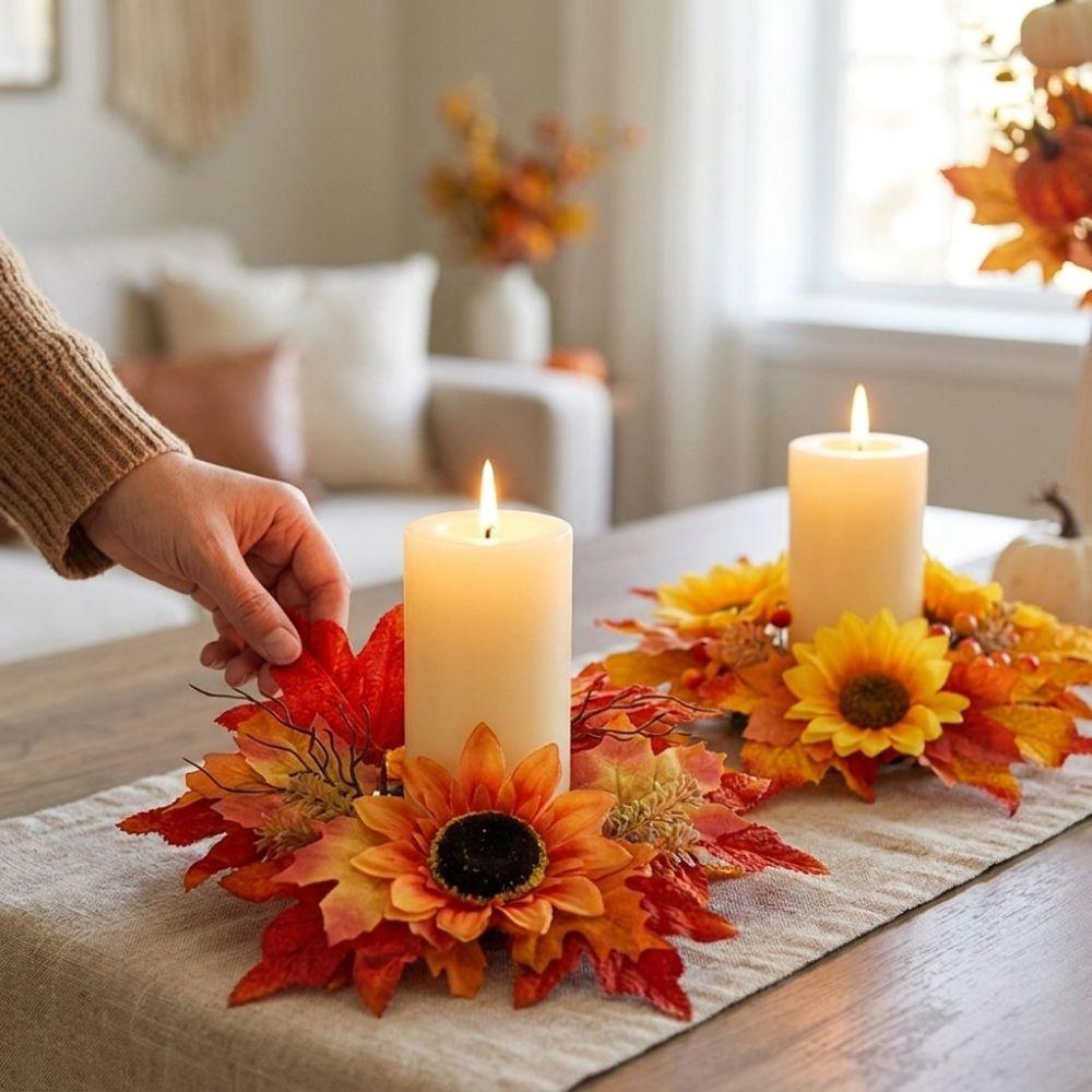 Fade Resistant Sunflower Maple Candle Ring Wreath Fall Decoration