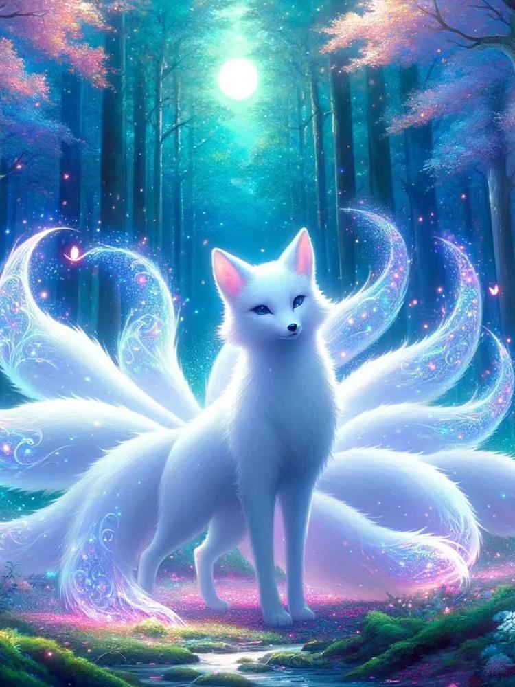 5d Diy Full Square Circular Diamond Paintingnine Tailed Foxfox Fantasy Embroidery Mosaic Animal Home Decoration Under Moonlight