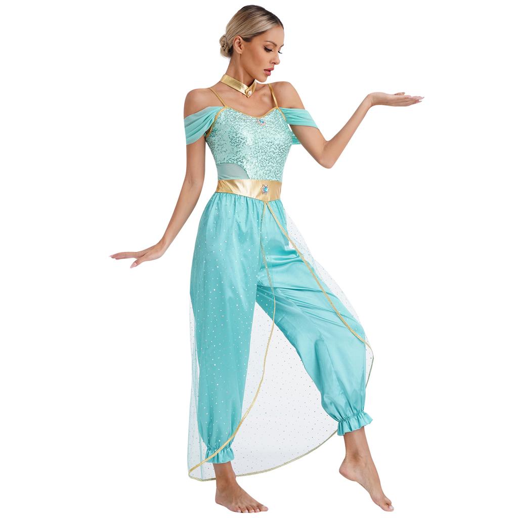 Women's Princess Costume Set Sequins Jumpsuit Long Wide Trousers Carnival Cosplay Party Dance Fancy Dress Outfit
