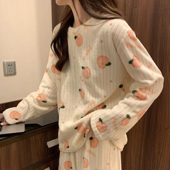 2 Pcs/Set Women Winter Pajamas Set Round Neck Cartoon Bear And Peach Pattern Long