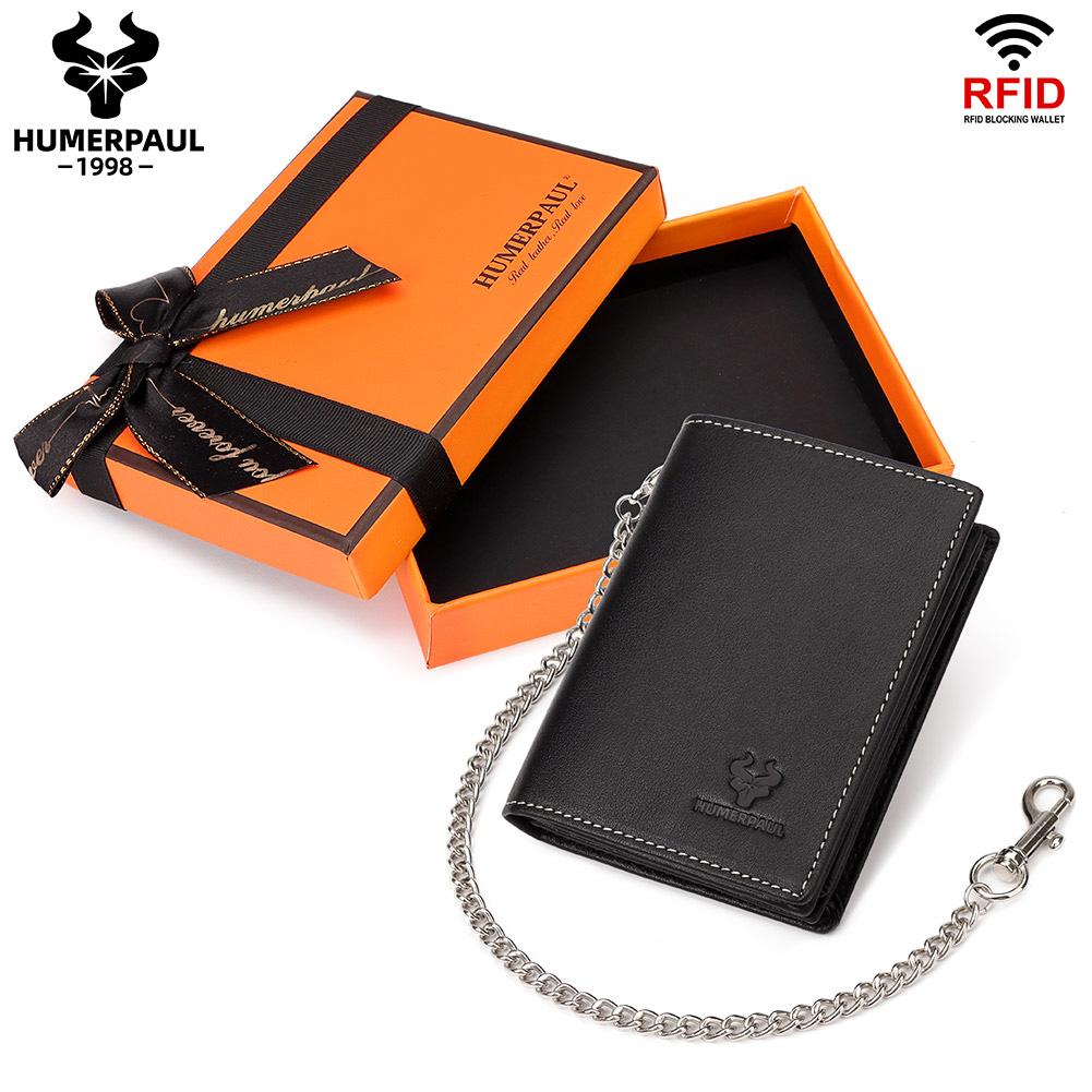Humerpaul Упаковка подарочной коробки Натуральная кожа Мужской кошелек Rfid-кисть Тонкая сумка для карточек Противоугонная цепочка