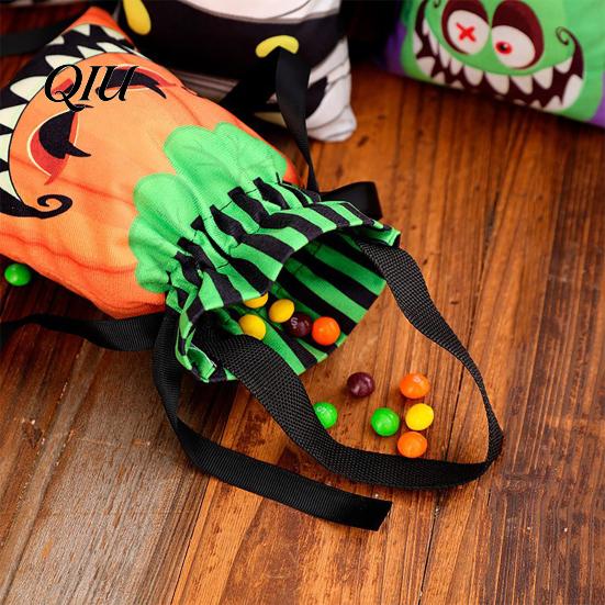 Holiday Themed Candy Holder Halloween Pumpkin Ghost Tote Bag, Trick or Treat Bag with Kids Double Side Print, Sturdy Reusable Party Favor Gift
