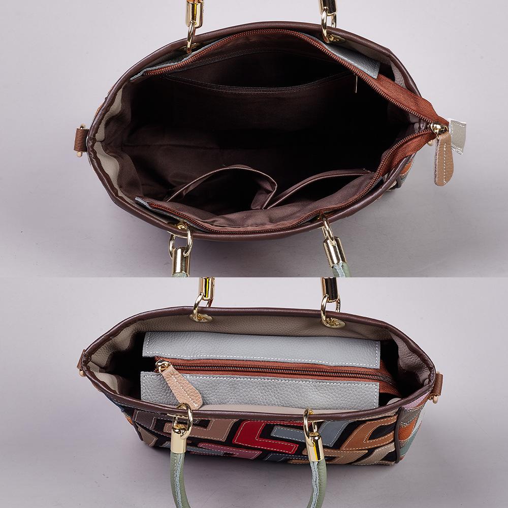 Genuine Leather Women's Ethnic Style Color Block Crossbody Shoulder Bag