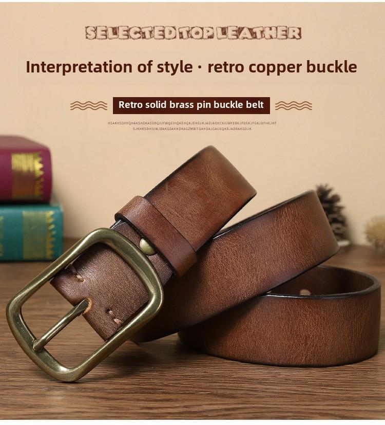 Мужской модный ретро-ремень из кожи ручной работы с медной пряжкой