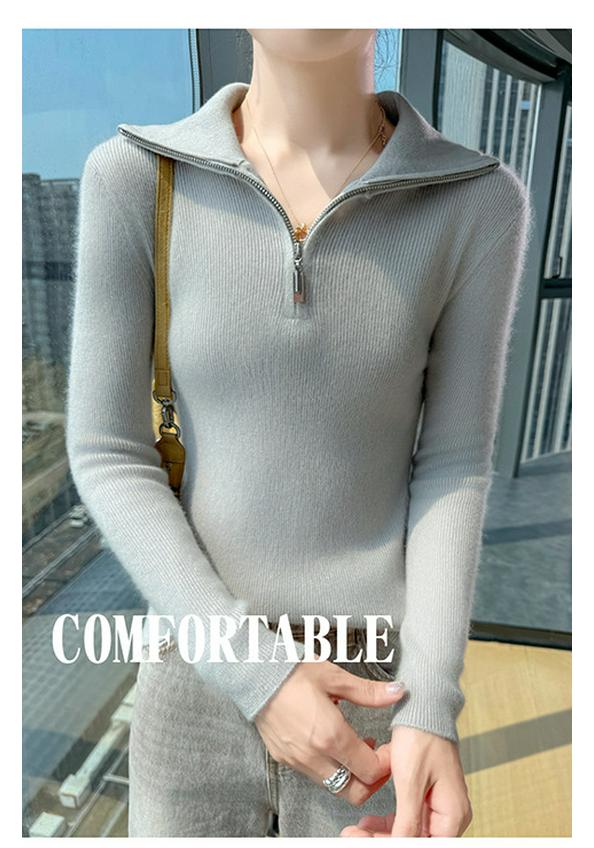 2025 Autumn/Winter Women's Slim Fit Striped Half-Zip Lapel Wool Knit Sweater
