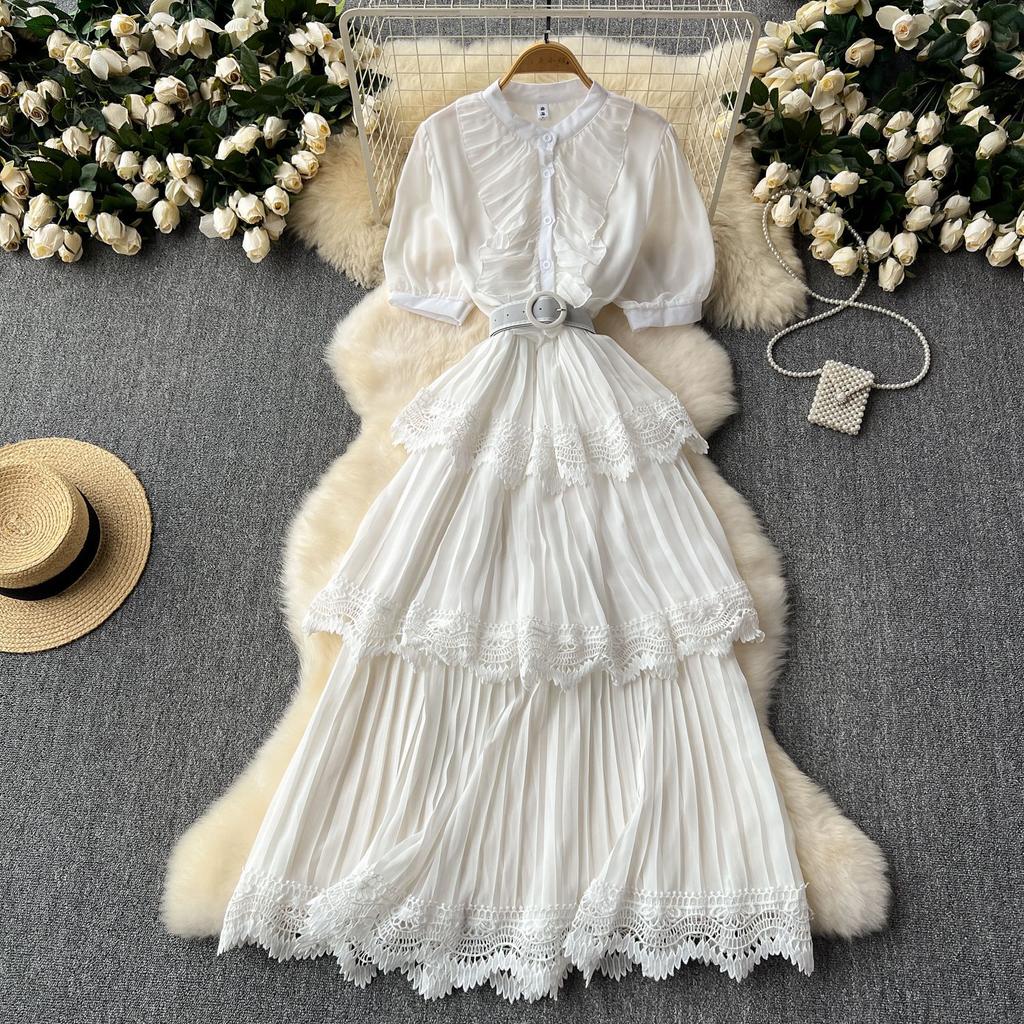 Женские кружевные лоскутные длинные платья с пышными рукавами и талией