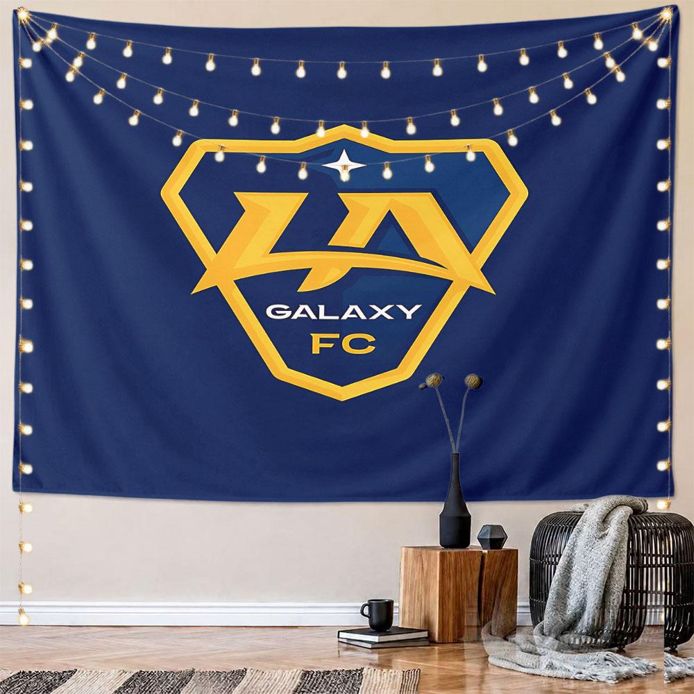 A blue shield with yellow "LA", a star, and "Galaxy FC" text. Patterned tapestry for bedroom and living room home decor