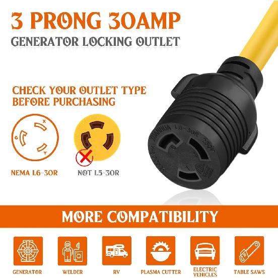Удлинитель для генератора NEMA L6-30, вилка L6-30P (папа) на розетку L6-30R (мама), 3-контактный, 30 Ампер, блокирующийся шнур питания для генератора, 3x12 AWG,