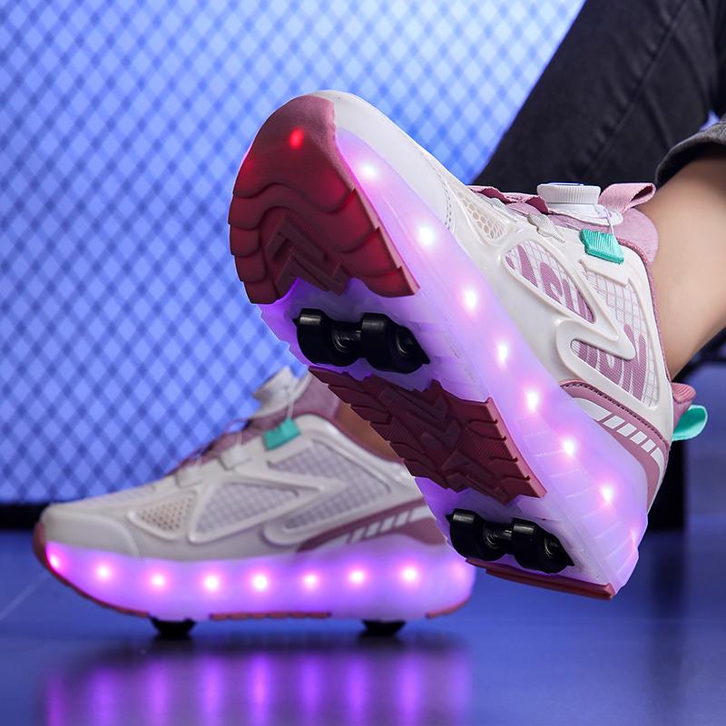 29-40 Мальчики Четырехколесные Кроссовки Съемные Туфли на Плоской Подошве Перезаряжаемые USB Светящиеся Спортивные Легкие Туфли Девочки Роликовые Коньки Обувь для Мальчиков