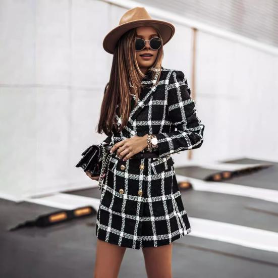 Зимнее осеннее женское пальто с отложным воротником, клетчатый принт, двубортное, с длинными рукавами, плотная куртка средней длины для свиданий, поездок на работу, офиса