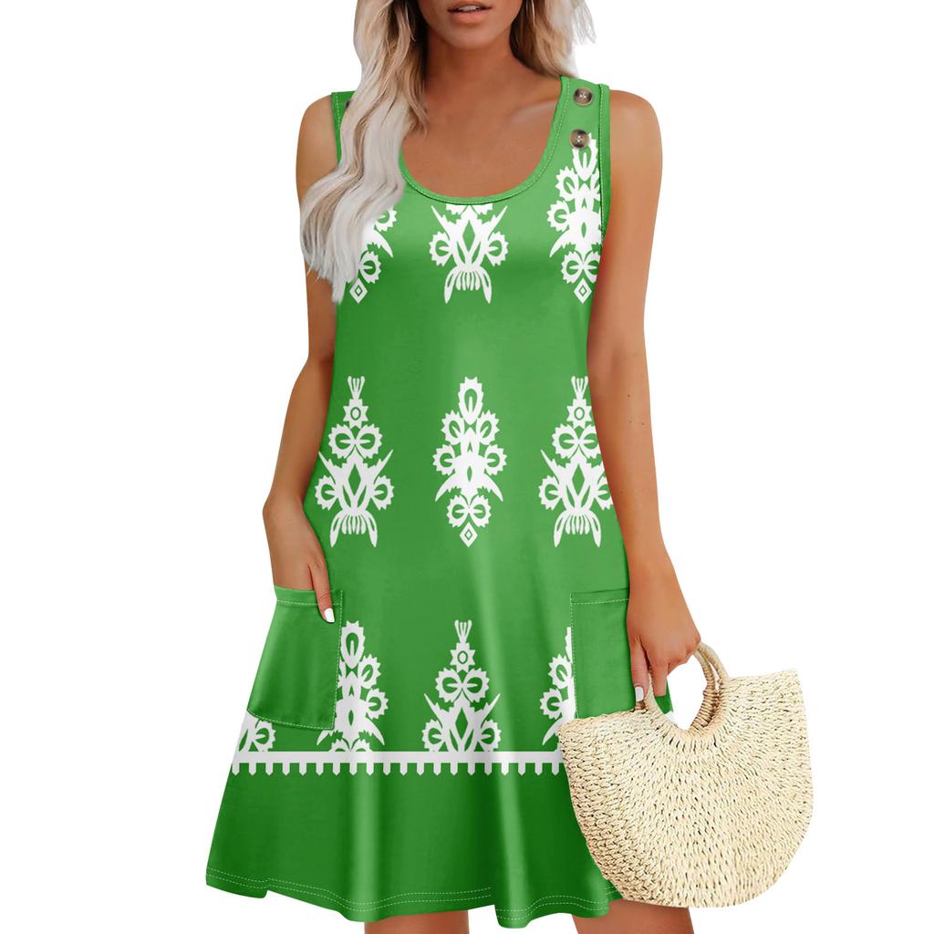 Summer Dresses For Women Beach Boho Sleeveless Printing Flowy Pocket Tshirt Tank Sundresses