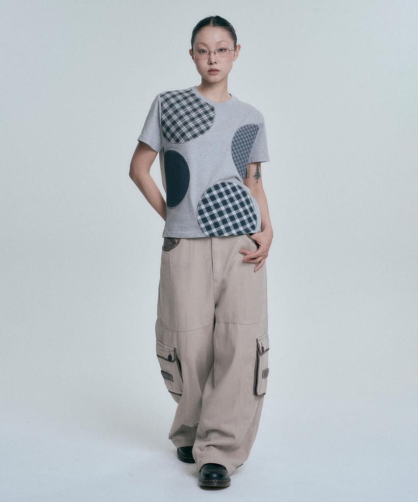 MOO Check Circle Patchwork Short Sleeve T-Shirt - Gray