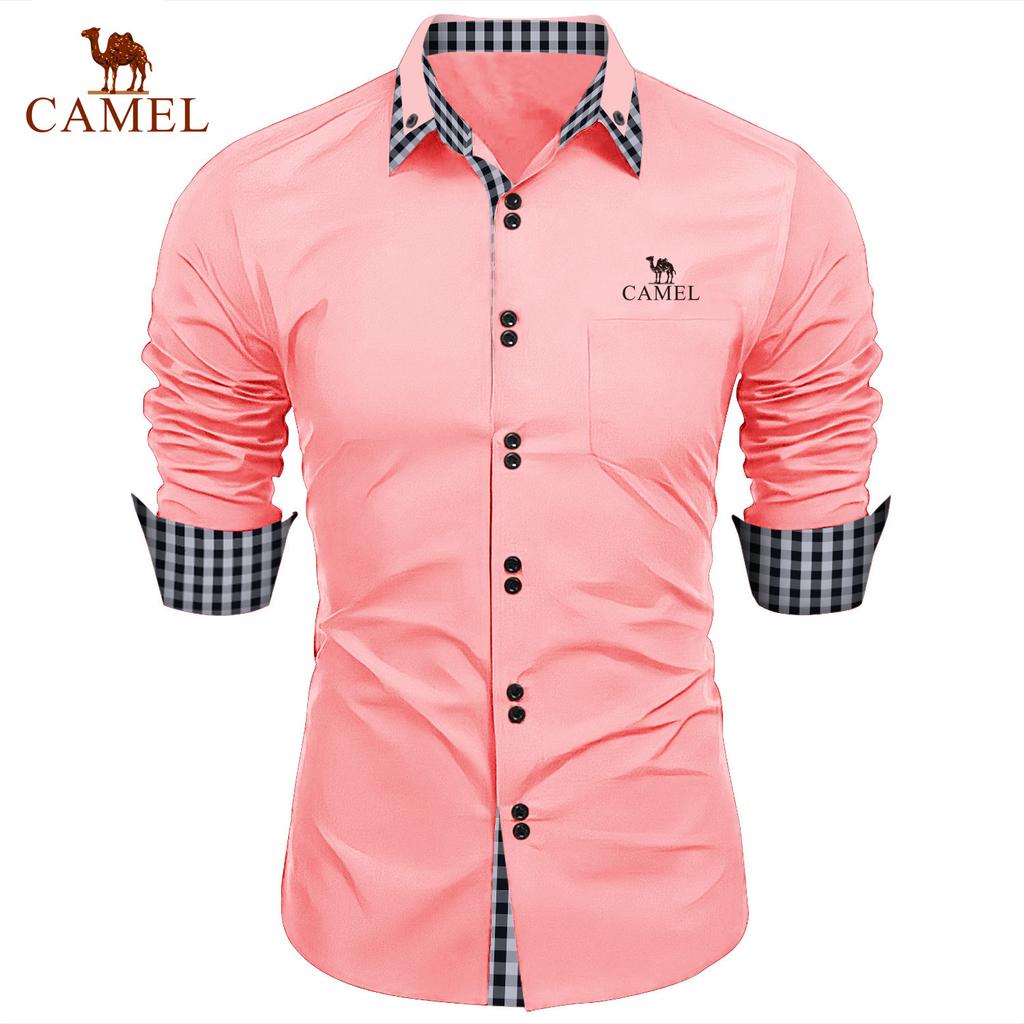 Camel Spring and Autumn New Fashion Men's Fashion Check Color Block Business Slim Fit Casual Shirt Embroidered Brand Long Sleeved Shirt