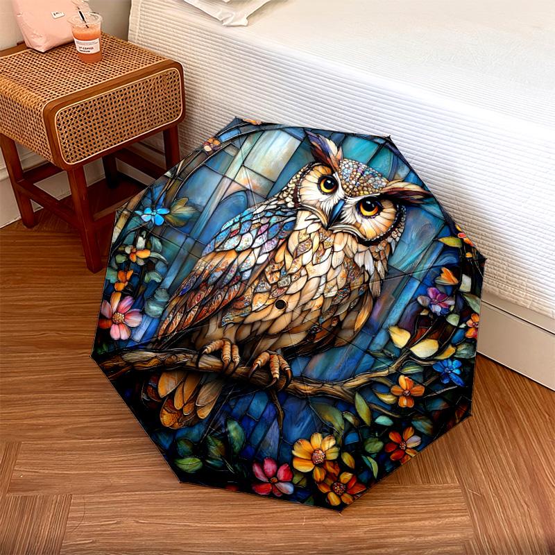 1 шт. Автоматический складной зонт - Узор «Совы и цветы», Портативная и складная конструкция с 8 спицами, Рождественские и новогодние подарки