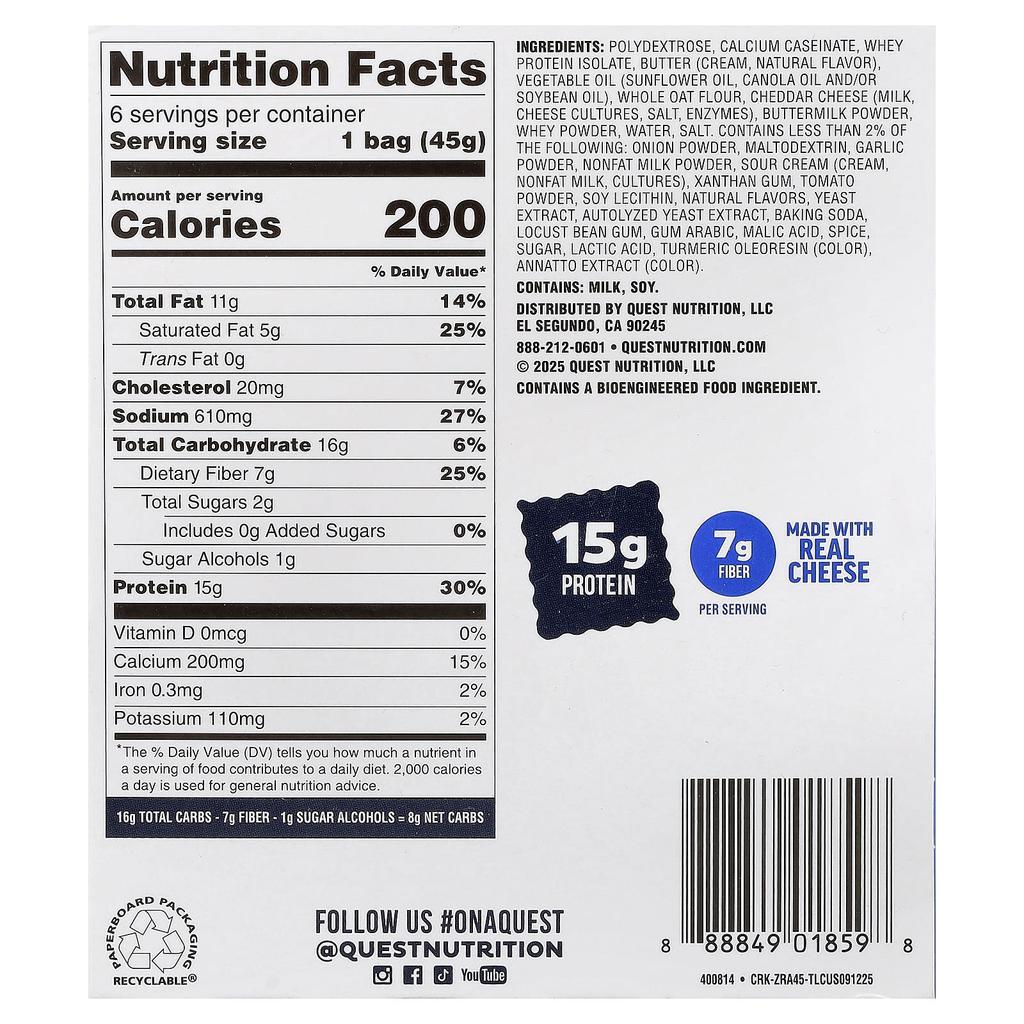 Quest Nutrition, Cheese Protein Crackers, Zesty Ranch, , Pack of 6, 45g (1.59oz) each