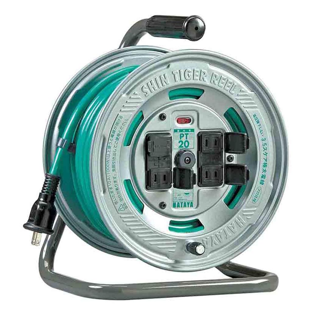 Hataya PT-20 Shin Tiger Cord Reel for Indoor Use, 100V, 20m Cord, 3.5mm Thickness, Standard Type, Extra-Thick Cable, 4 Outlets, Dustproof Outlet