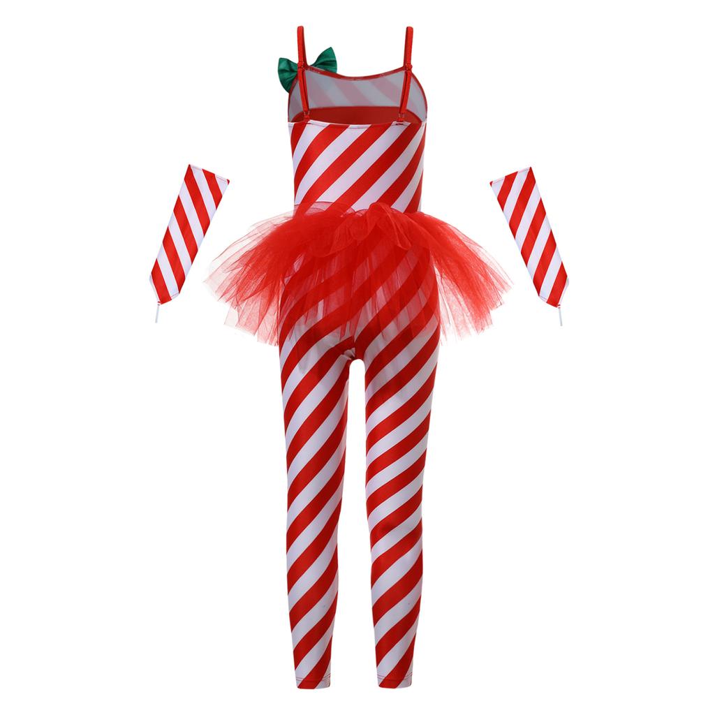 Girls Candy Cane Costume Santa Claus Christmas Sleeveless Stripes Print Tulle Peplum Long Jumpsuit with Arm Sleeves