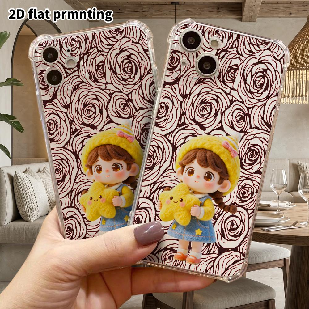 Phone case: 2D flat suitable for iPhone 18 17 16 15 14 13 Pro, transparent four corner protective case, star girl, Christmas and Halloween gift