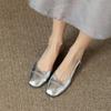 Fashion 2025 Spring/summer Fashion French Soft Leather Silver Bow-top Mid-heels Sandals Women's Chunky Retro Square Head Heel Sandal