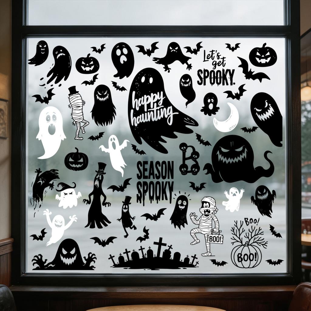 Halloween Static Window Clings with and Moon Designs, Removable Decals for Window Decor