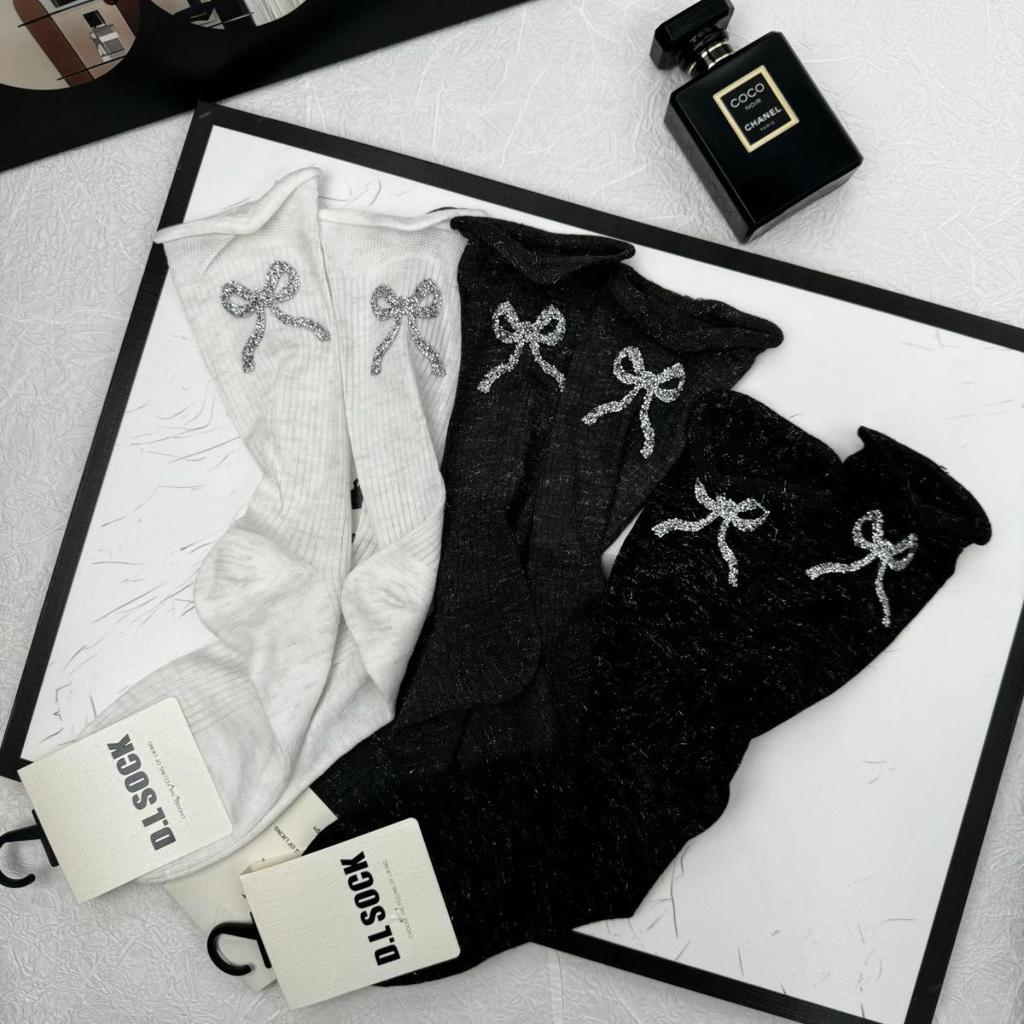 Женские высокие носки с блестящим бантом - Трехцветные, Однотонные, Складчатые, Балетный стиль