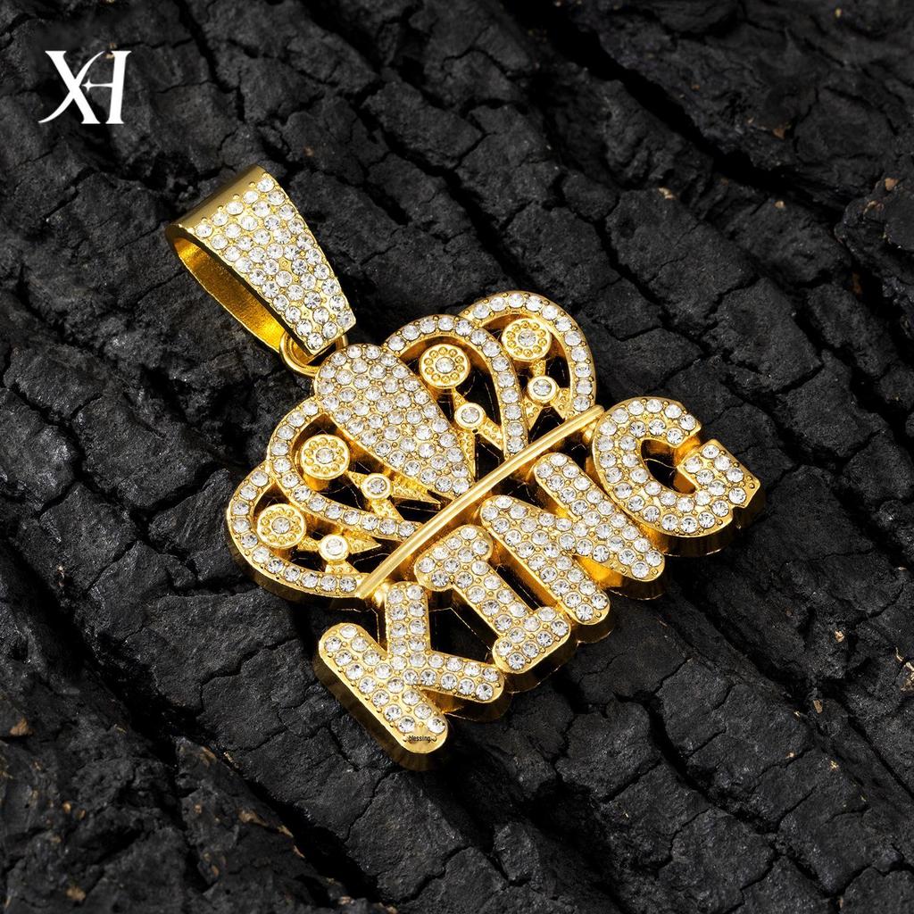 King Cuban Pendant Necklace with Alloy Rhinestone Crown - European & American Hip Hop Jewelry.