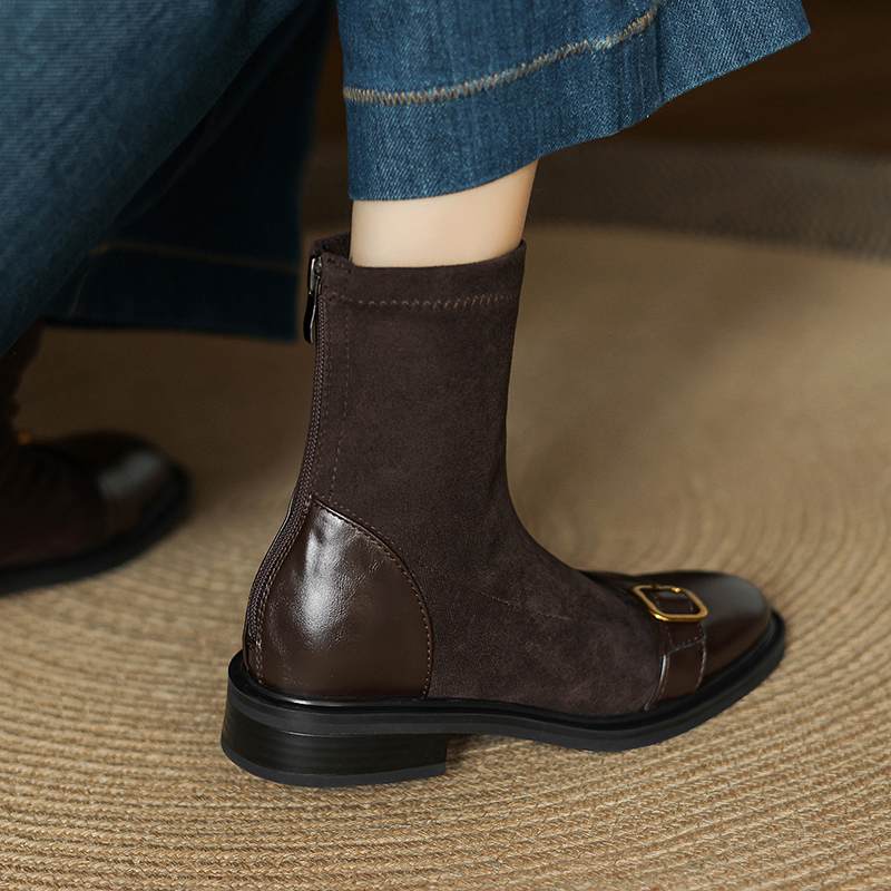 Krazing Po Микрофибра Флок Зима Круглый Носок Размер 33 Ботильоны Челси Размер 43 Молния Металлическая Пряжка Низкий Каблук Ботильоны
