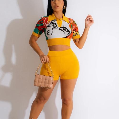 Модный женский комплект с коротким рукавом и принтом в виде мультфильма, футболка с воротником-поло и шорты, комплект из двух предметов, спортивный костюм