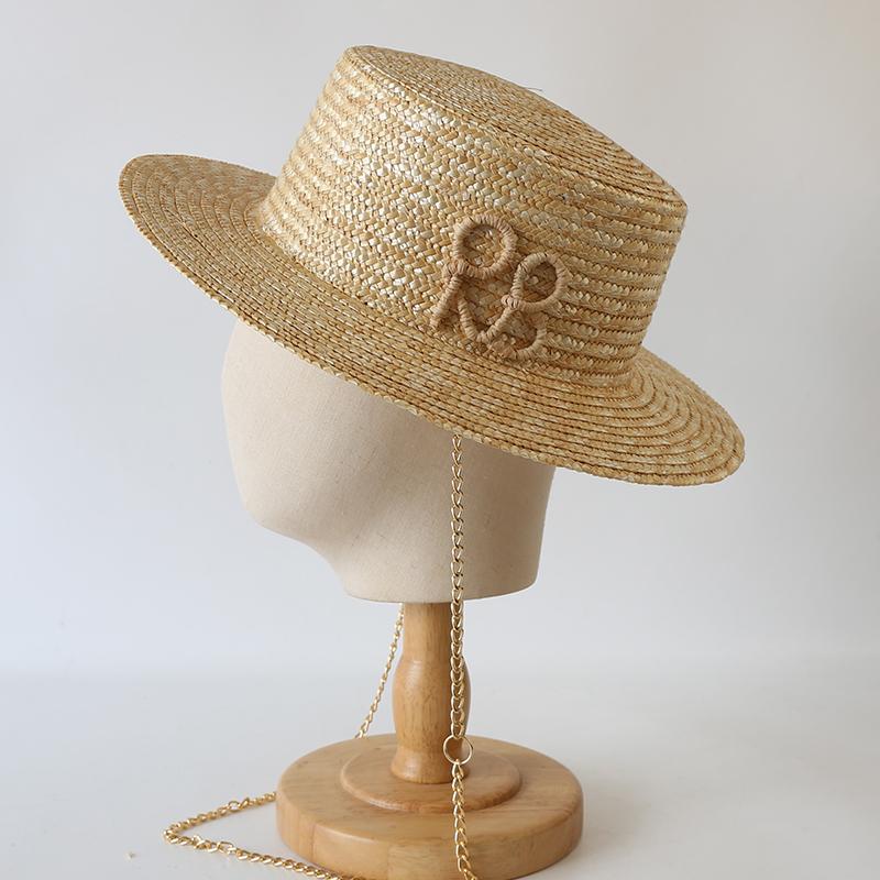 Natural Boat Straw Hat Fashion Letter Sun Hat for Women with Chain Elegant Ladies Party Dress Travel Beach  Hats