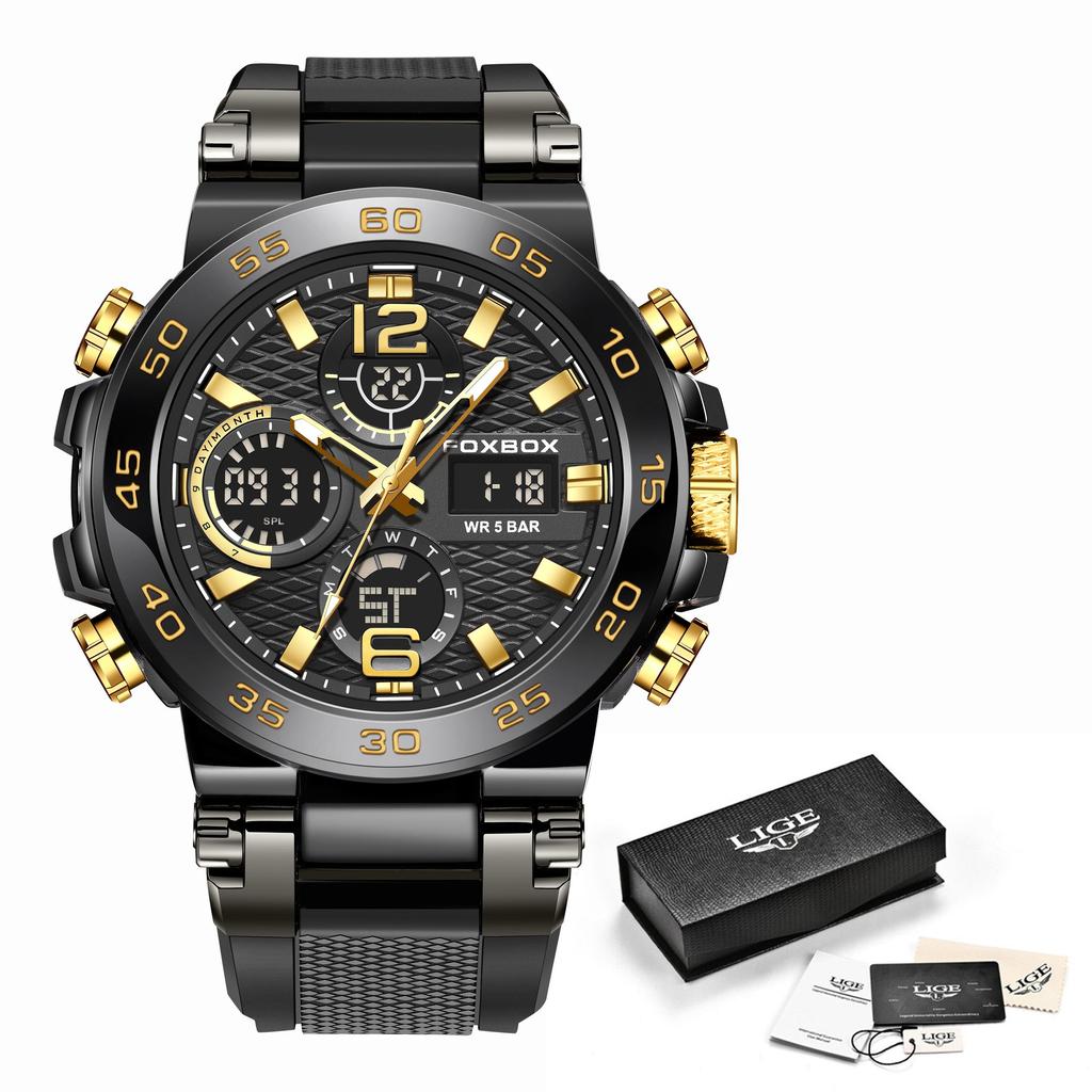 LIGE Men's Sports Watch 5ATM Waterproof Luminous Digital Dual Display Quartz Watch Fashion Chronograph