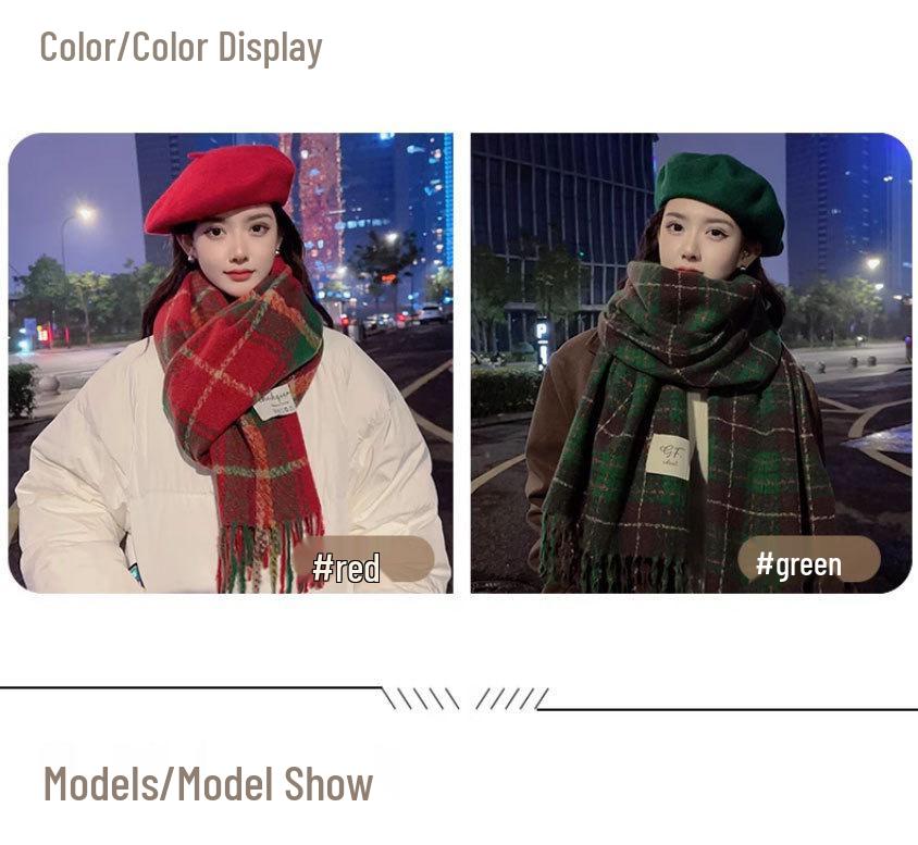 Korean Christmas Red Plaid Knitted Scarf for Women – Retro Tassel Neck Warmer
