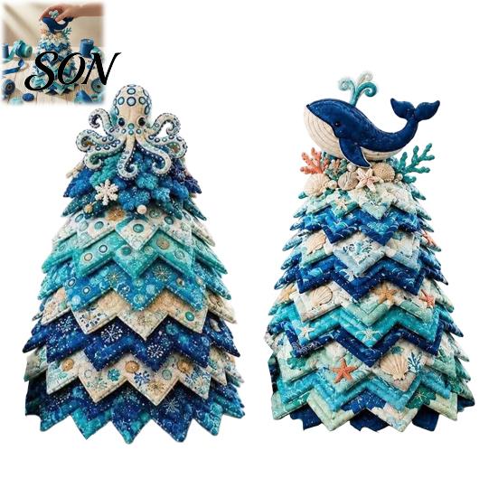 Fabric Christmas Tree Sewing Project DIY Quilted Ocean Kit, Holiday 3D Patchwork Craft Summer Beach Themed Home Decor Coastal Theme Handmade