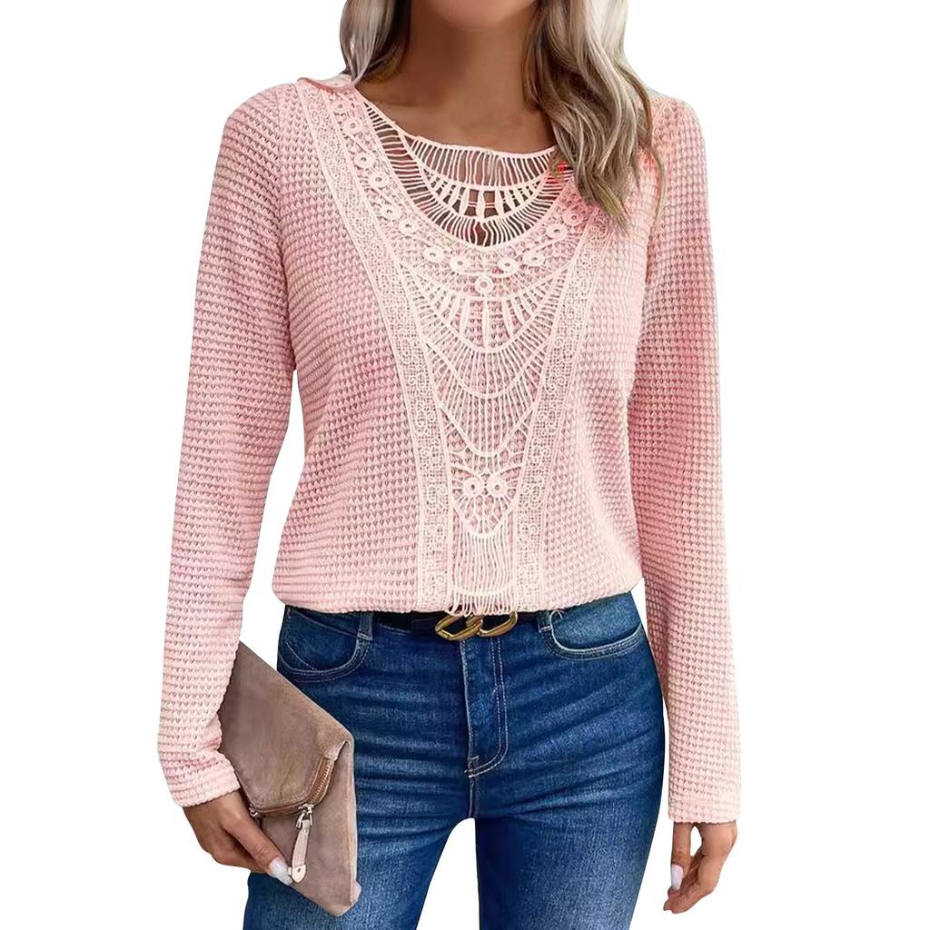  Футболка с длинными рукавами Solid Solor Lace Patchwork с кружевным круглым вырезом для женщин