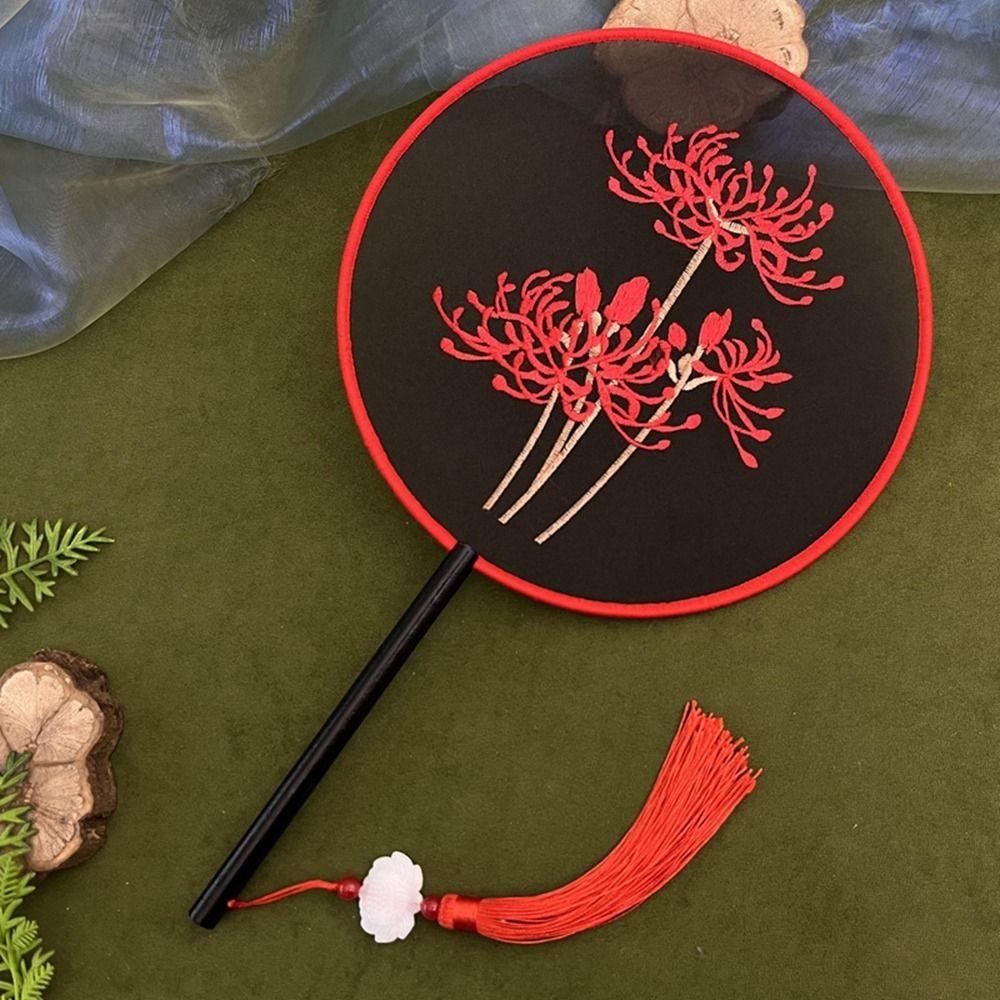 Round Double Sided Embroidery Fan Chinese Style Flower Silk Fan Vintage Hanfu Hand Fan for Guests