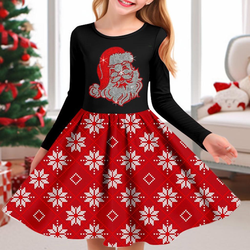 Spring Girl Casual 3D Red Diamond Snowman Print Round Neck Long Sleeve Dress Kid Princess Dress for Christmas