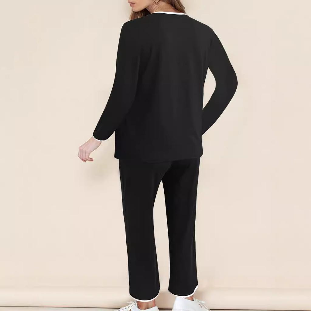 Women's Sets Black Long-sleeved V-neck Top Loose Comfortable Casual Home Drawstring Long Pants