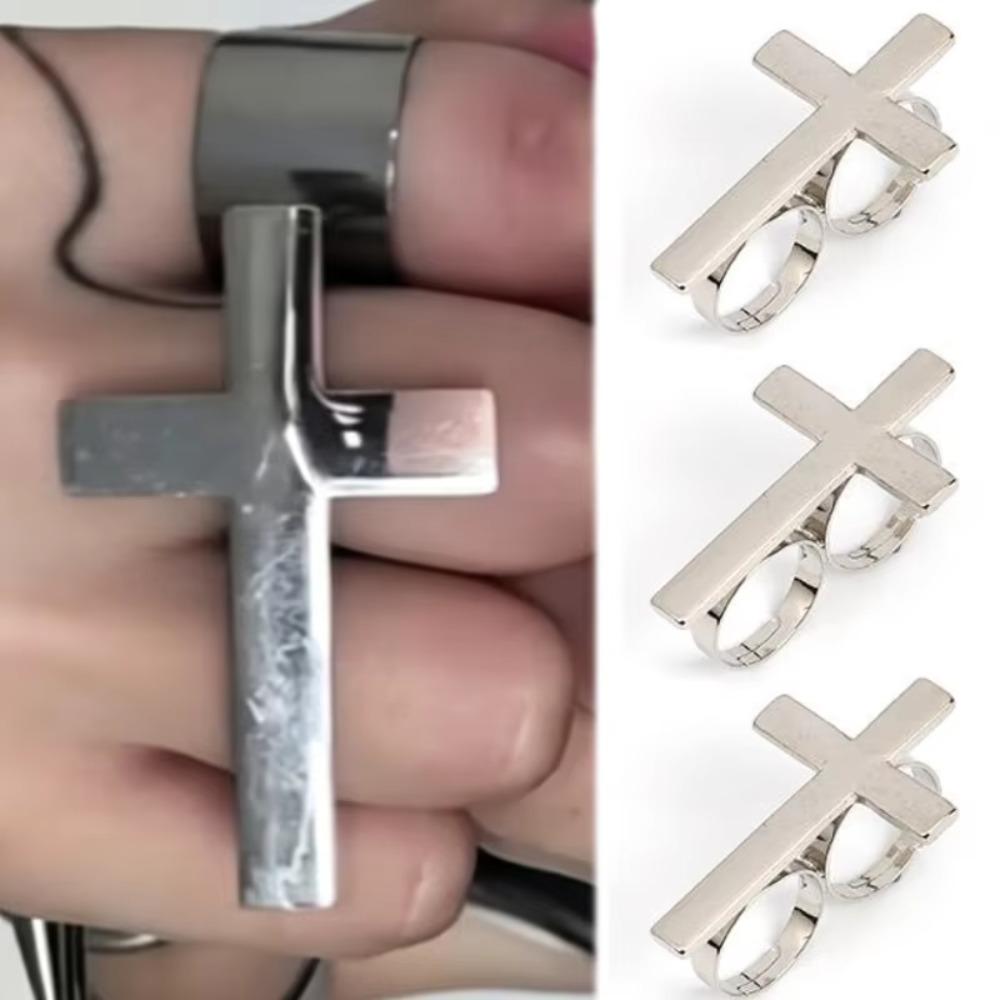 Stainless Steel Two Finger Cross Ring Big Cross Shape Double Finger Ring Open Cross Ring Women Men
