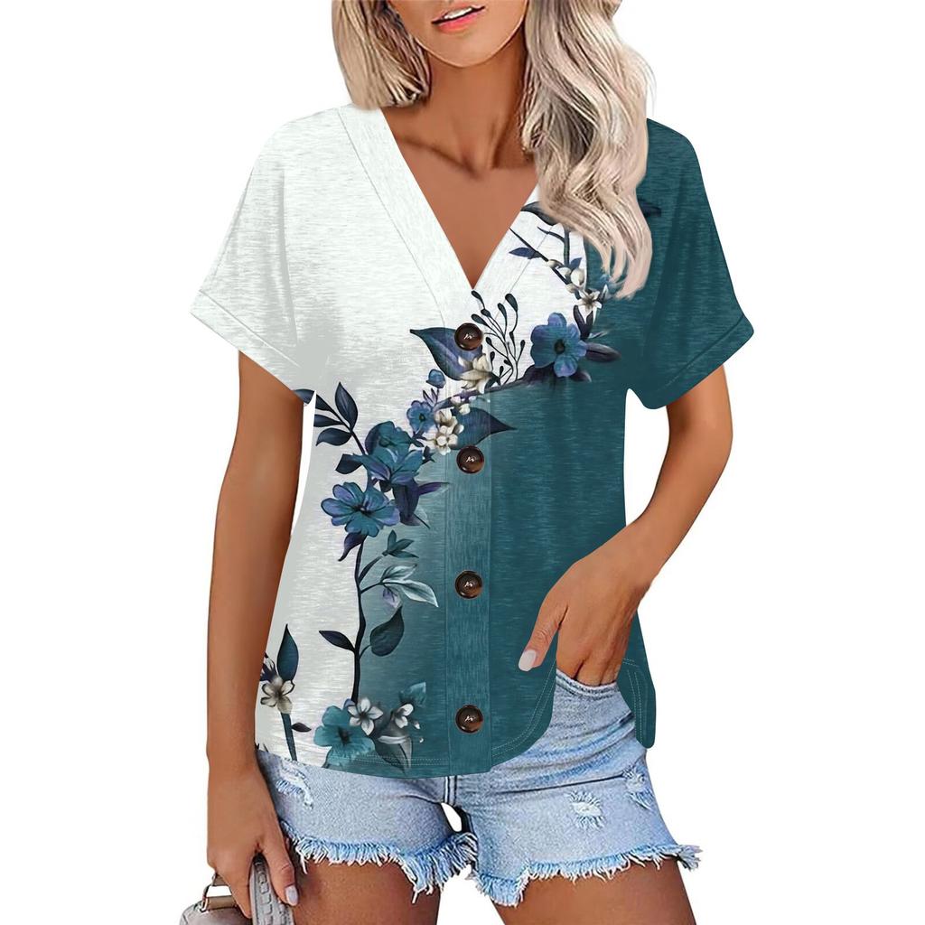 Женская модная повседневная футболка с короткими рукавами и V-образным вырезом, цветочным принтом и застежкой на пуговицы