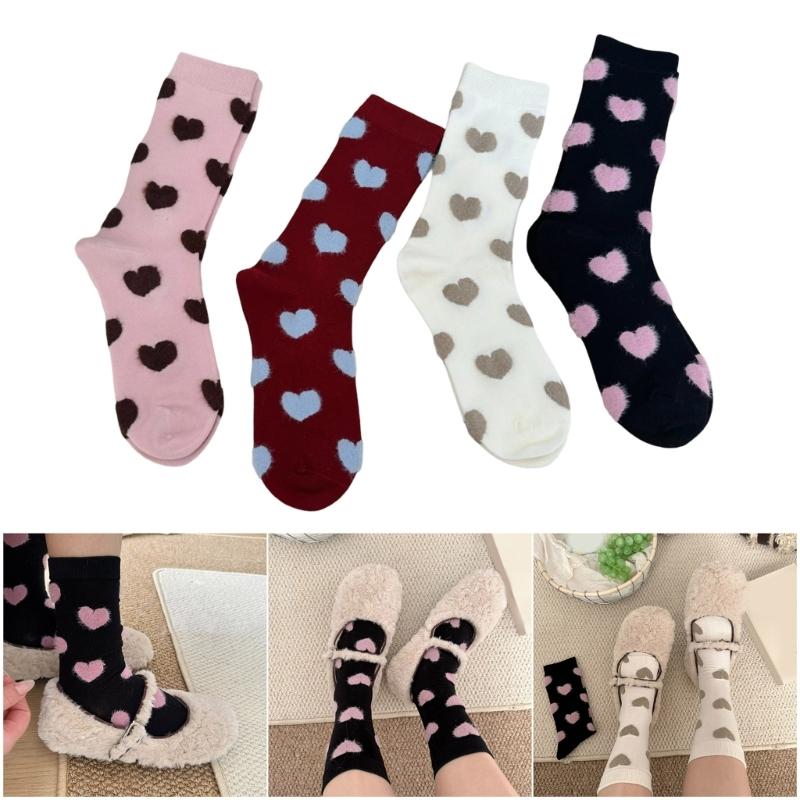 4 Pairs Breathable Women's Ankle Socks Flocking Heart Pattern Stretchy Fit Nylon Fabric Crew Socks for Work and Leisure