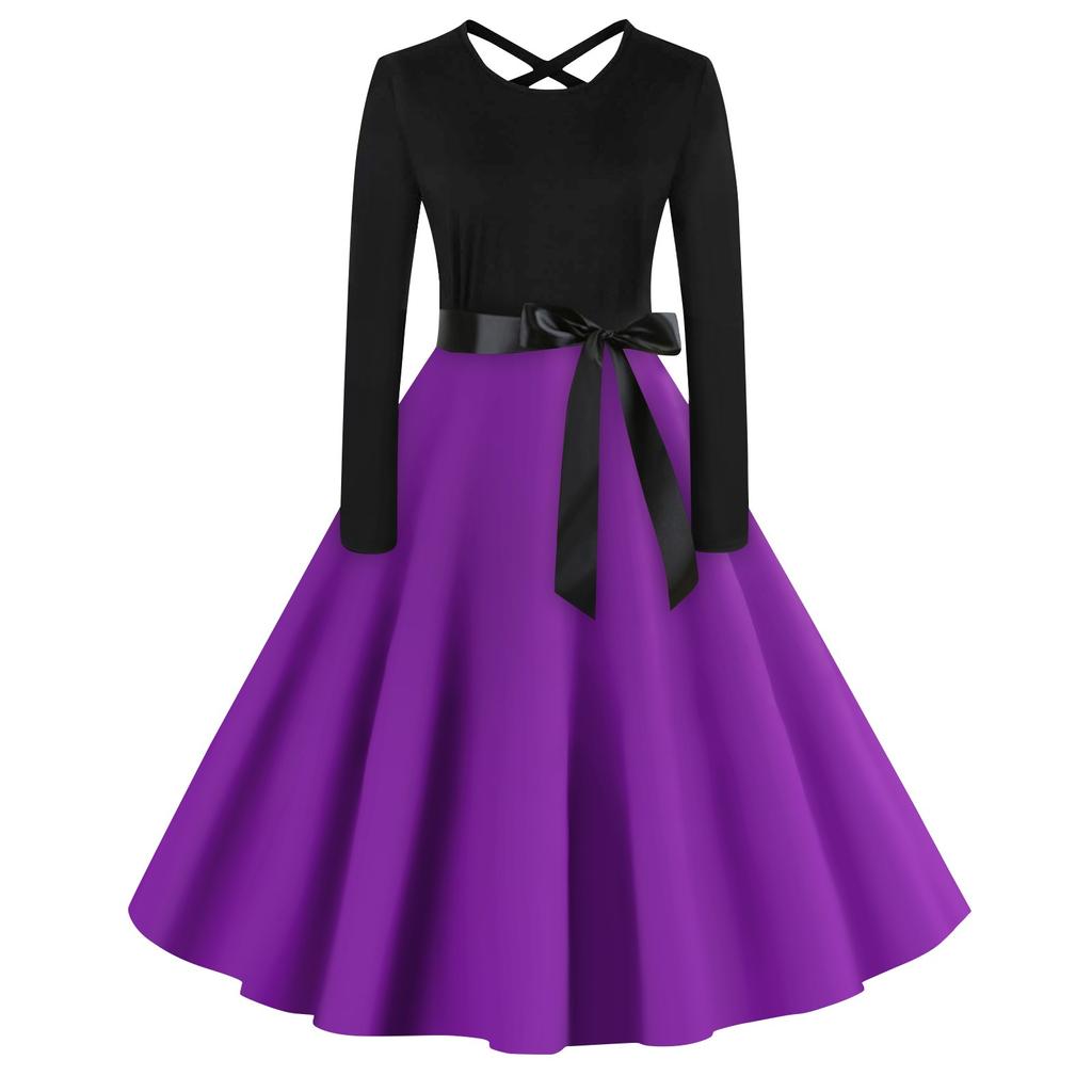 Женское повседневное однотонное платье-пуловер с круглым вырезом и высокой талией с длинными рукавами