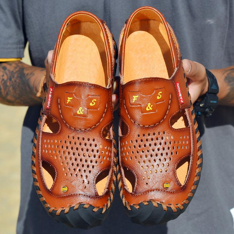 Мужская обувь из натуральной кожи, пляжные сандалии, прочные сандалии ручной работы с закрытым носком, нескользящая обувь для отдыха на природе