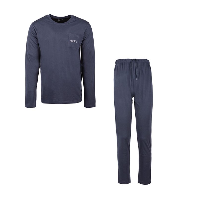 Men's Plain Pajama Set with Logo, Long Sleeves, Round Neck, 100% Cotton, BILL TORNADE