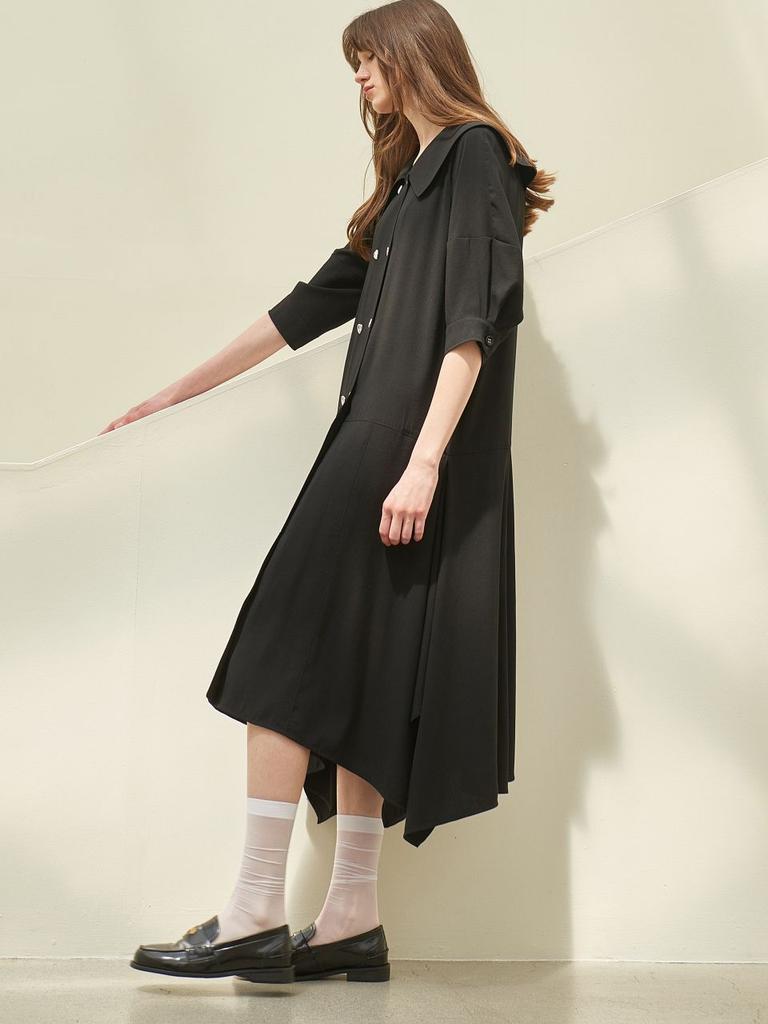 MITTE Cape Collor Unbalance Ham Line Dress_Black