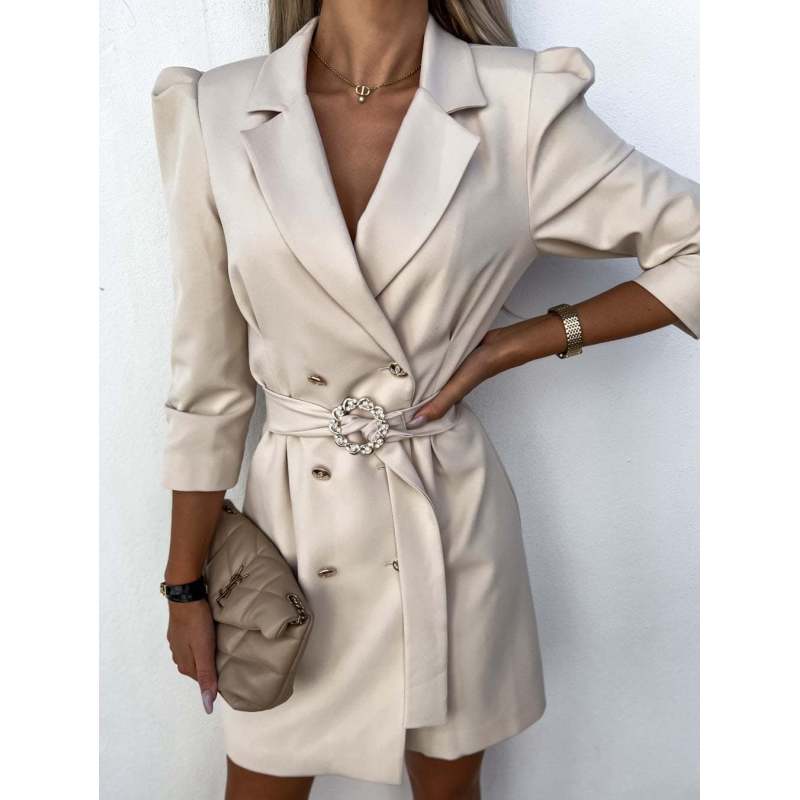 Tooxika Женский новый OL пригородный костюм воротник двубортный талия однотонный тонкий платье с поясом