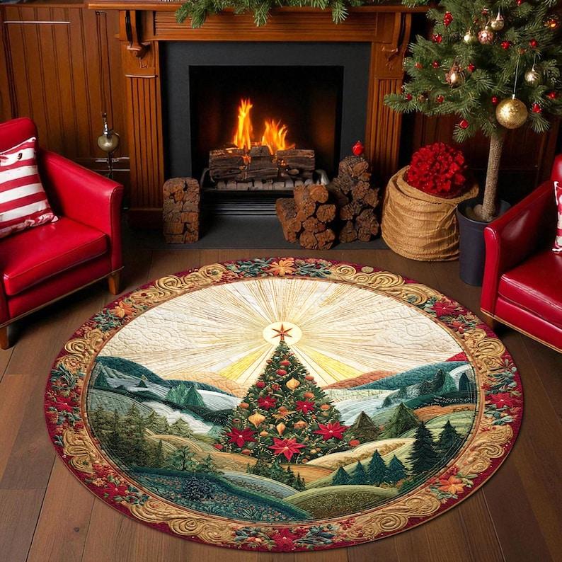 Christmas Tree Round Doormat Glowing Starburst,Holiday Landscape Carpet with Red Poinsettias Winter Floor Mat  Xmas Home Decor
